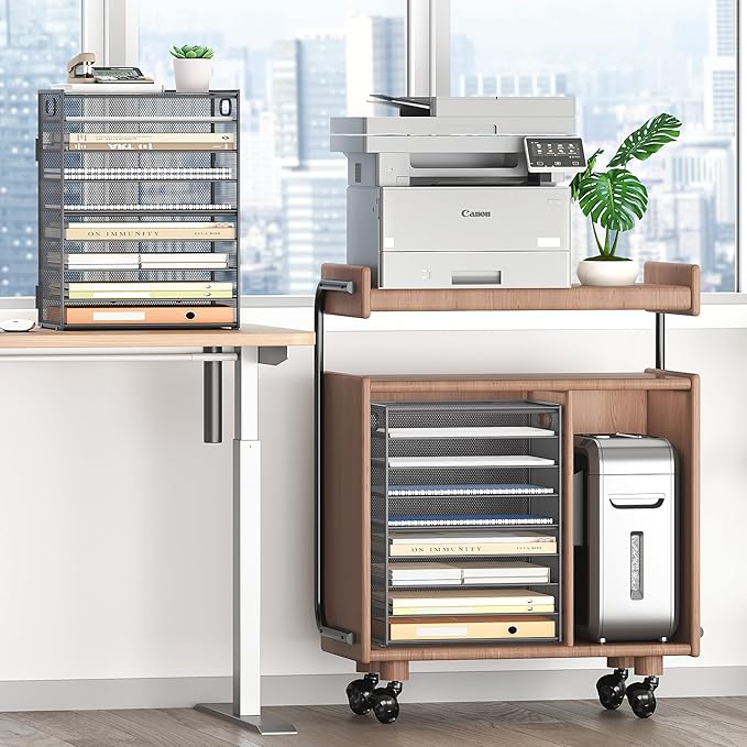 SUBEKYU 9 Tier Paper Organizer for Desk - Gray Metal Mesh Letter Tray File Paper Sorter Organizer Include 6 Pcs Adjustable Height Slid Tray with Handles for Office School Home Organization Storage