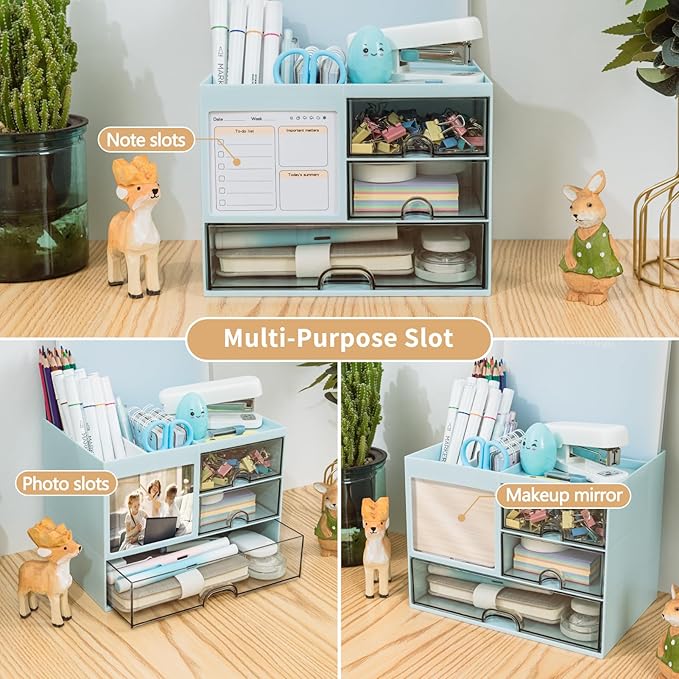 Desk Organizer with 3 Drawer, Multi-Functional Pencil Pen Holder for Desk, Desk Organizers and Storage with 8 Compartments, Desktop Organizer for Office Home Art Supplies (Blue)