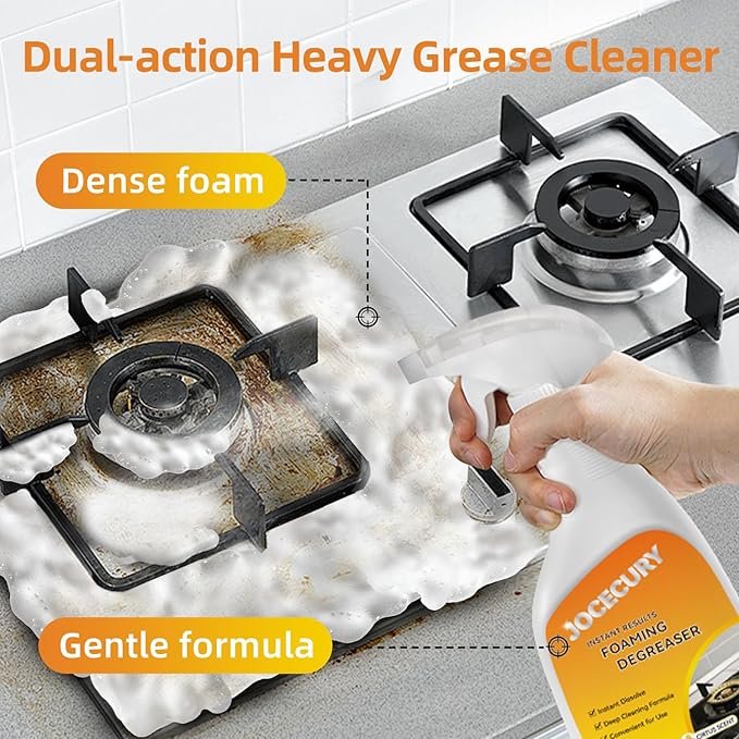 500ml Powerful Kitchen Degreaser Foam Spray – Multipurpose Grease Remover for Pots, Pans, Countertops & Appliances with 2-in-1 No-Rinse Dual Spray Nozzle (Lemon)