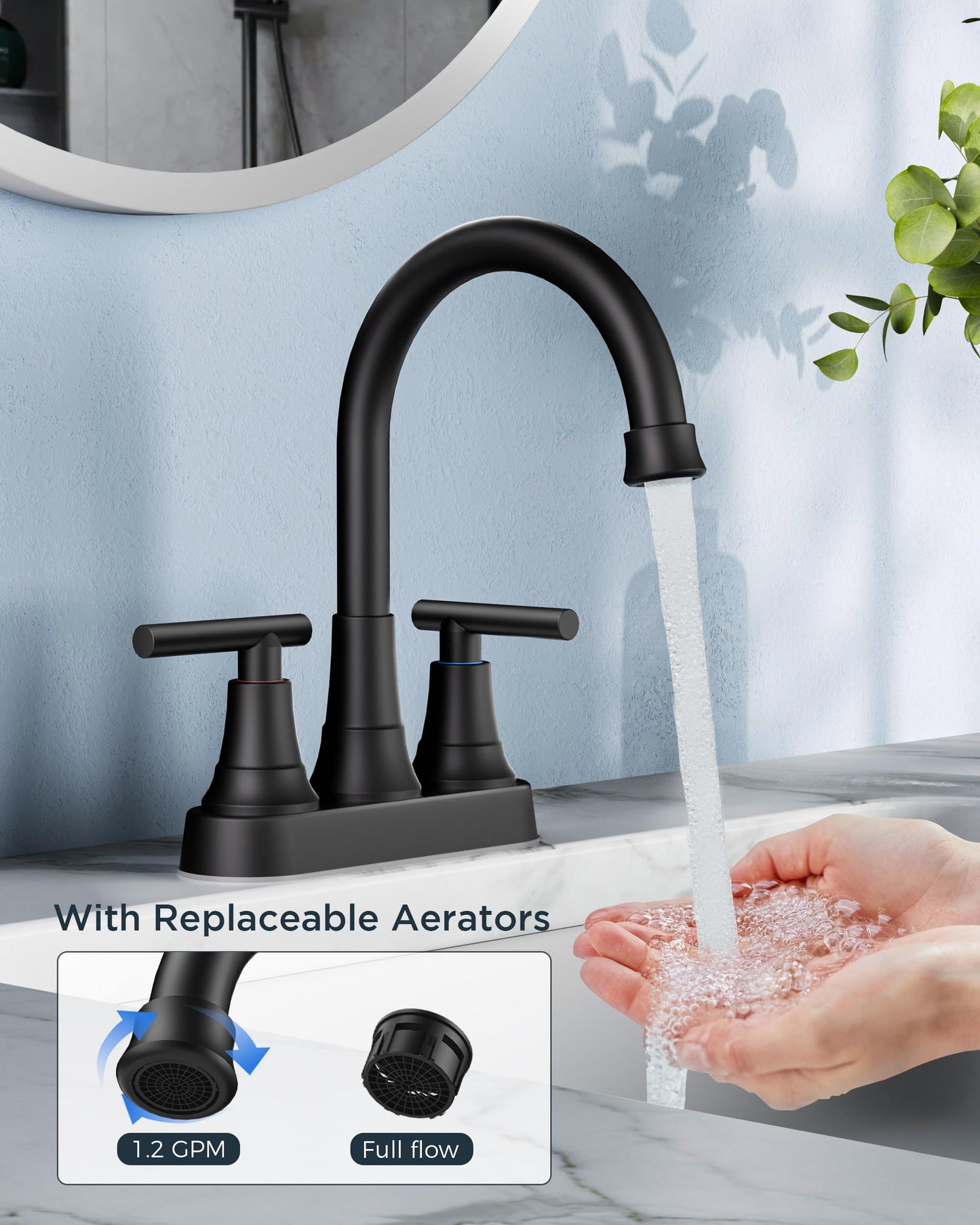 FORIOUS Matte Black Bathroom Faucets, 4 Inch Centerset Bathroom Sink Faucet 2 or 3 Hole with Pop up Drain and cUPC Hose, Two Handles Control, 360° spout for Restroom,Vanity, RV