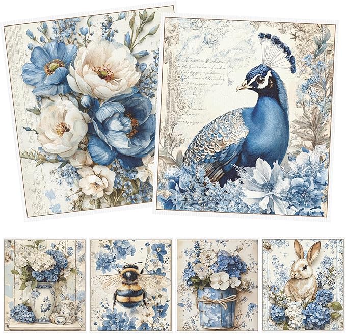 Vintage Swedish Dishcloths for Kitchen, 6PCS Flower Blue Peacock Swedish Dish Cloths Gift Set, Reusable Absorbent Cellulose Sponge Dish Towel for Home Cleaning(7.8 X 7 Inches)