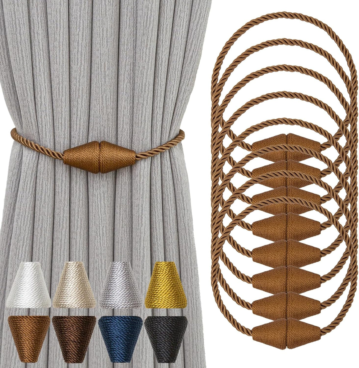Magnetic Curtain Tiebacks 8 Pack Outdoor Rope Curtain Tie Backs Decorative Window Treatment Holdbacks for Home Decorative Curtain, Khaki