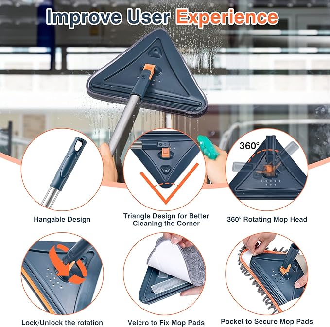 85 Inch Wall Cleaner with Long Handle, 360° Rotatable Wall Mop, Wall Washer Cleaner Tool for Walls/Ceiling Fans/Dust/Baseboard/Floors Clean, 6 Replacement Pads and 3 Silicon Squeegee Scraper Strips