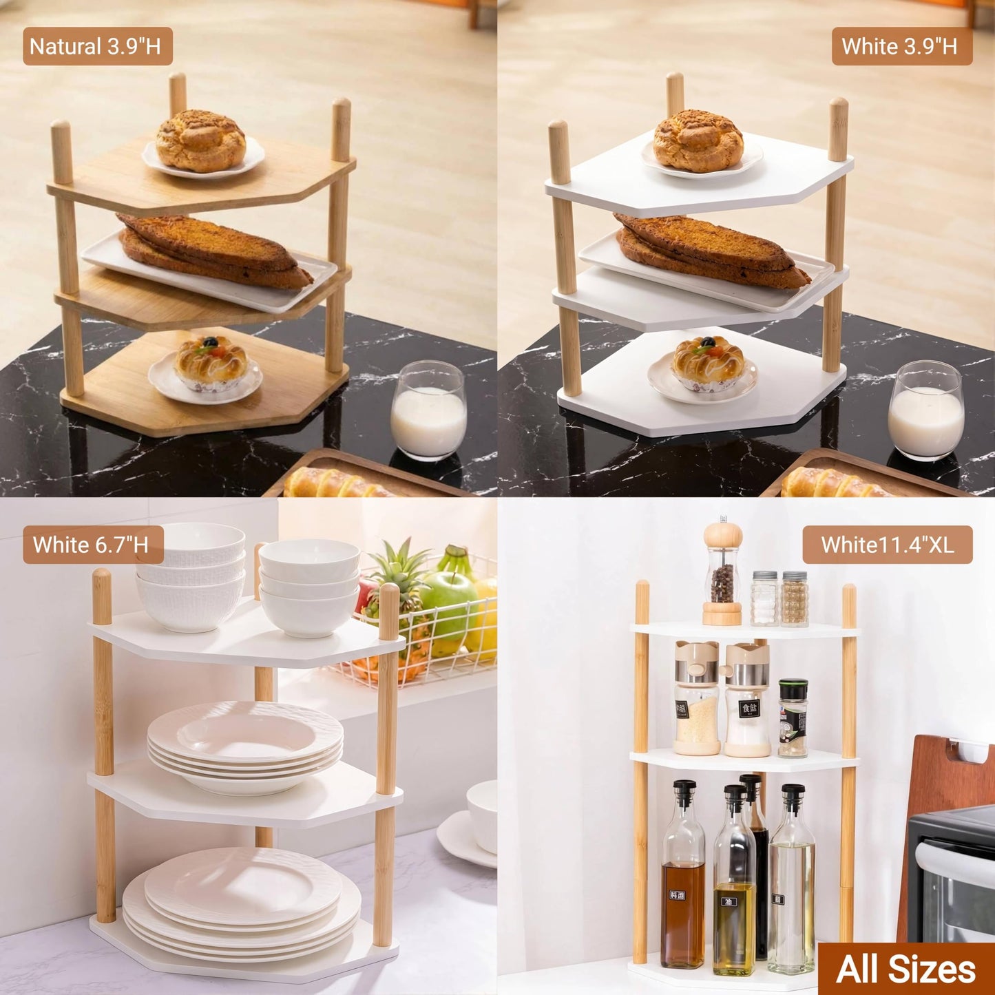 WooFawn 3-Tier Expandable Bamboo Corner Shelf - Dish/Plate Organizer for Cabinet, Kitchen Counter Shelf & Small Kitchen Shelf, Adjustable (Natural, 1-Pc 3.90" H)