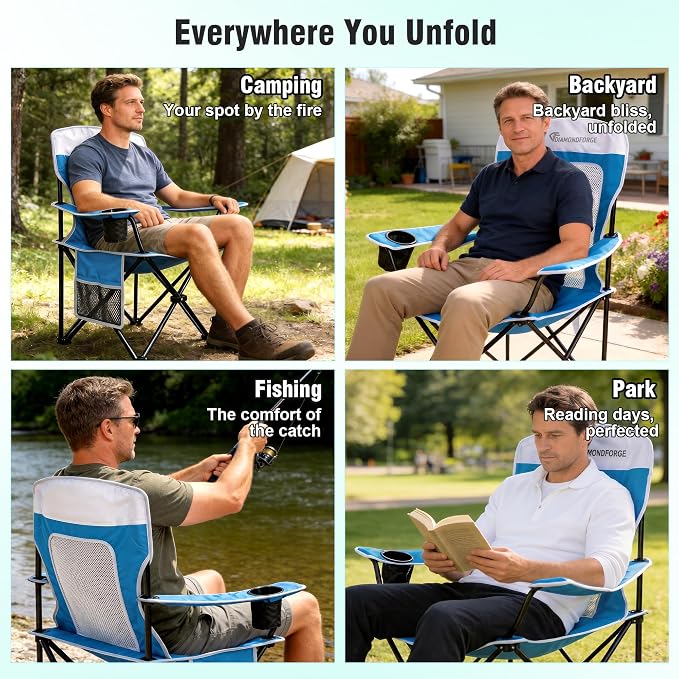 Camping Chair, 300 LBS Breathable Mesh Lawn Chairs Folding (Blue White) | High Back, Portable Outdoor Folding Camping Chair for Adults, with Cup Holder for Picnic, Lawn, Beach, Fishing and Sports