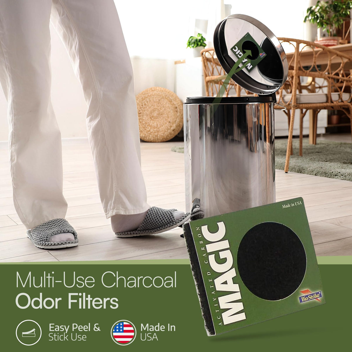 Trash Magic Activated Charcoal Trash Can Odor Eliminator - Peel & Stick Garbage Can Deodorizer - Air Freshener for Fridge, Compost, Drawers & Diaper Pails - Lasts 4 Months - Made in USA (8 Pack)