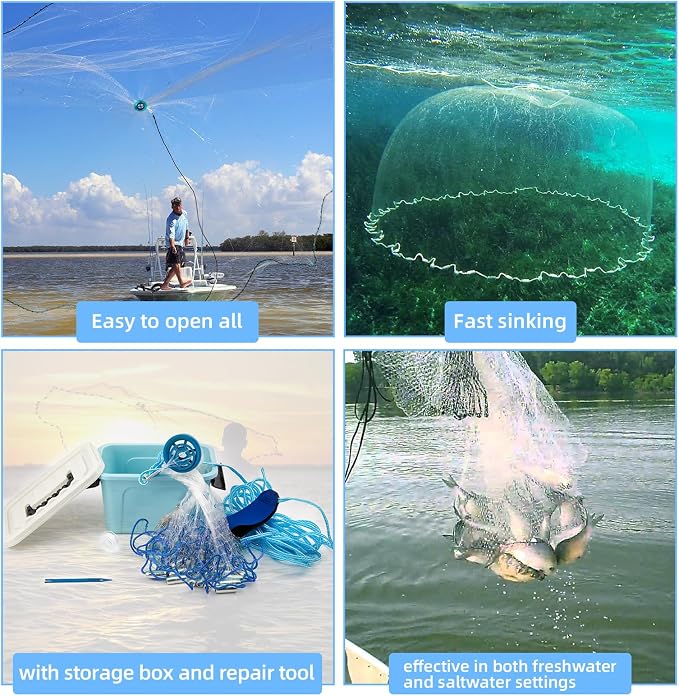 Handmade American Cast Net, BalanZze Casting Fishing Net for Bait Trap Fish, Throw Nets with Zinc Sinker Weights for Freshwater & Salt Water (3/4/5/6/8/9/10 Ft, 1/2 Inch Mesh Size)
