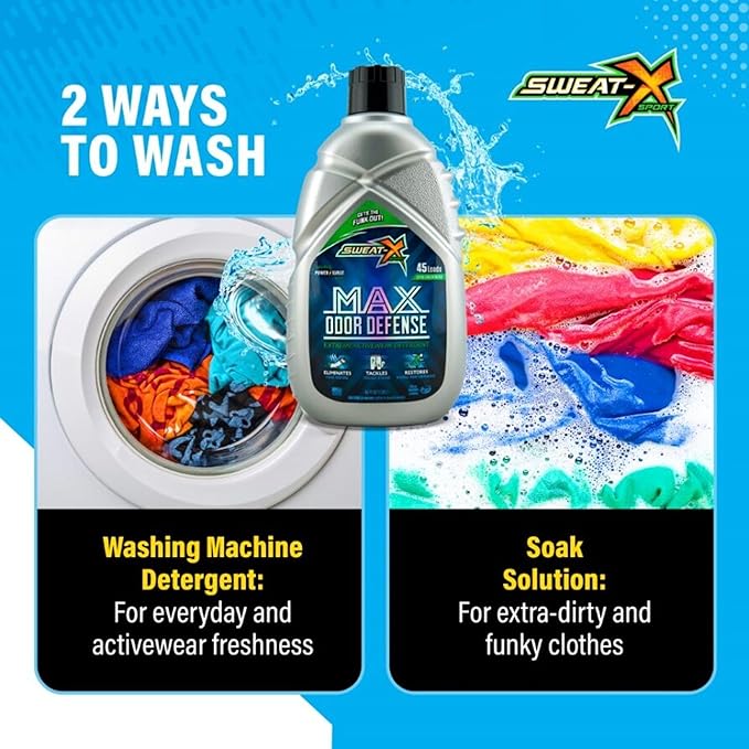 Sweat X Original Max Odor Defense Laundry Detergent – Remove the Worst Odors & Toughest Stains – High Performance Sports Wash for Training Gear & All Fabric Types – 45 Loads/Bottle – 2 Pack