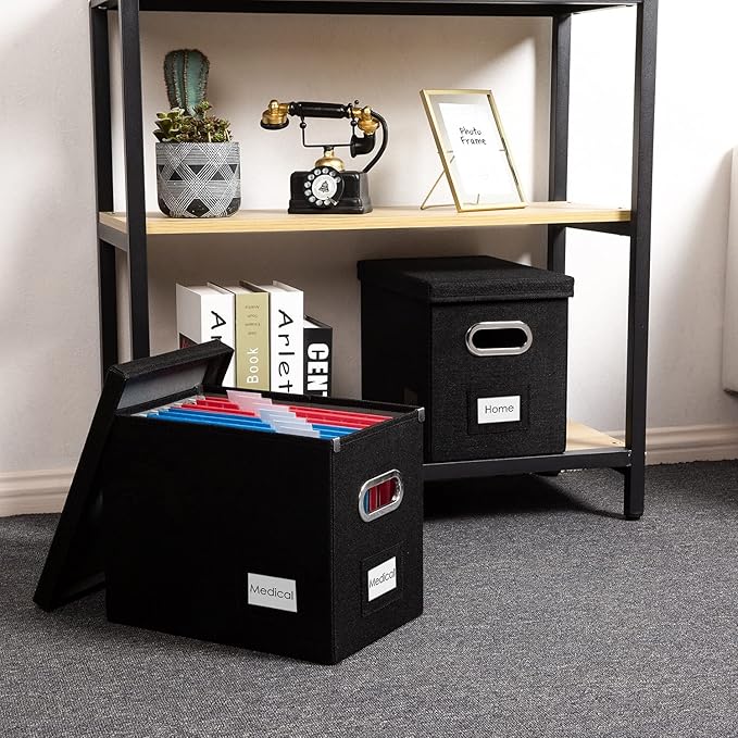 PRANDOM File Organizer Box - Set of 4 Collapsible Decorative Linen Filing Storage Hanging File Folders with Lids Office Cabinet Letter Size Black (14x9.3x10.8 inch)