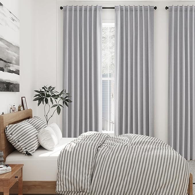 Nanspring Grey Linen Blackout Curtains 132 inch Length Back Tab Rod Pocket Drapes Thermal Insulated Textured Living Room 100% Blackout Curtains 2 Panels Set 52x132