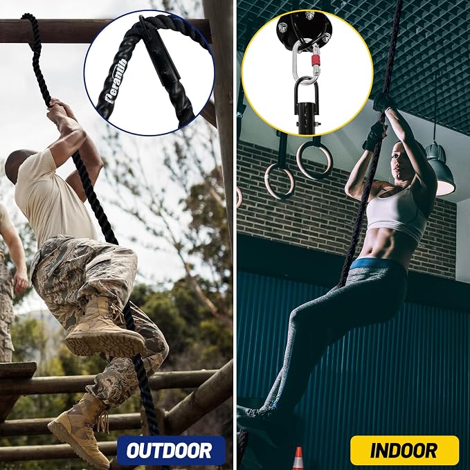 100% Polyester Climbing Rope with Hooks - Heavy Duty 1000LBS Load Capacity, 1.5inch Diameter, 10,15,20,25,30,50ft Length for Outdoor Rock Climbing, Rescue & Escape (20ft)
