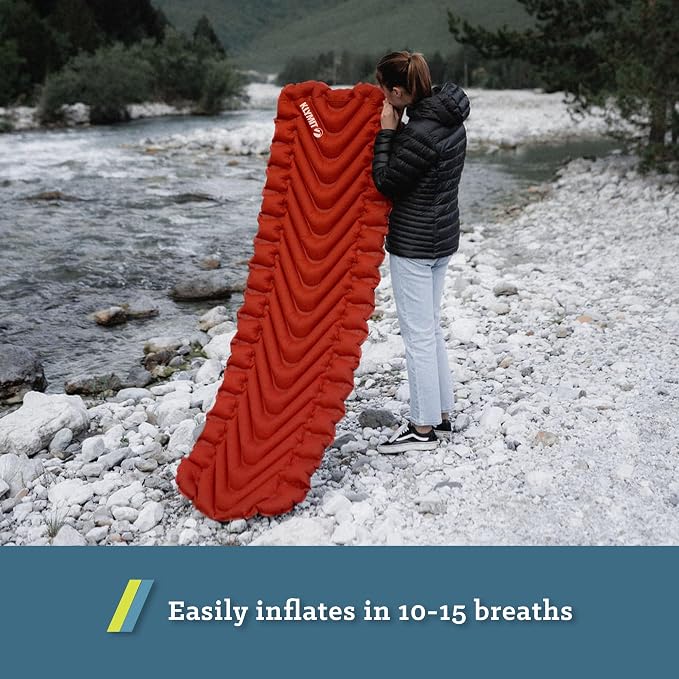 KLYMIT Insulated Static V Inflatable Sleeping Pad | Comfortable, Lightweight, Easy to Inflate, Portable Air Bed Mattress for Camping, Backpacking and Hiking — Red