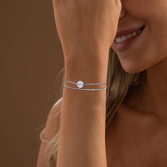 MONOZO Gold Bracelets for Women Girls Valentines Day Gifts, Dainty 18K Gold Plated Disc Monogram Letter A-Z Initial Bracelets for Women Trendy Personalized Letter Bracelet Valentines Day Gifts for Her