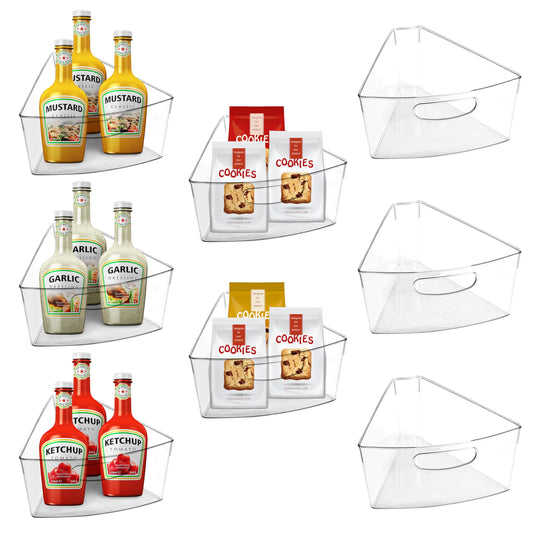 URALFA Lazy Susan Organizers Set of 8, 10"x 9.5"x 4" Corner Cabinet Organizer, Plastic Transparent Kitchen Cabinet Storage Bins with Handle, 4" Deep Container, 1/8 Wedge - Food Safe, BPA Free