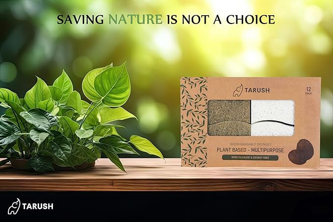 Tarush Natural Kitchen Sponges - Biodegradable Dish Scrubbers and Scouring Pads for Non-Scratch Scrubbing, Eponge Vaisselle and Eponge Melamine for Eco-Friendly Cleaning of Dishes, White/Brown