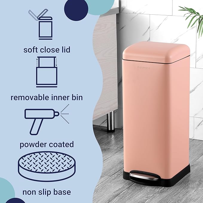happimess HPM1007J Betty Retro 8-Gallon Step-Open Trash Can, Fingerprint Resistant, Modern, Minimalistic for Home, Kitchen, Laundry Room, Office, Bedroom, Bathroom, Flamingo Pink