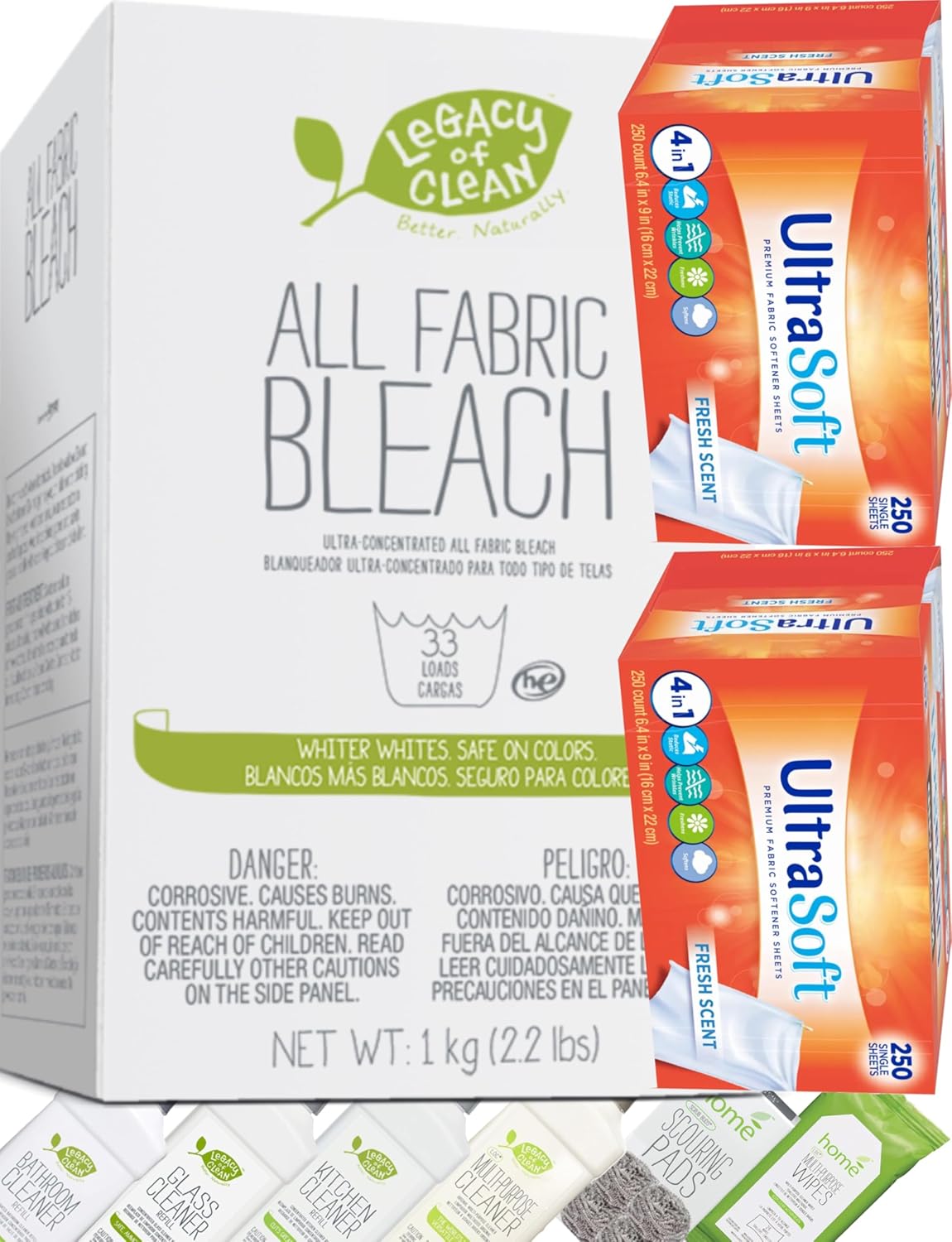 All Fabric Bleach Powder Chlorine-Free 35.2 Oz & 4-in-1 Fabric Softener Dryer Sheets 6.4"x9" 500 Single PCS (Drive Clothes Ultra Soft)