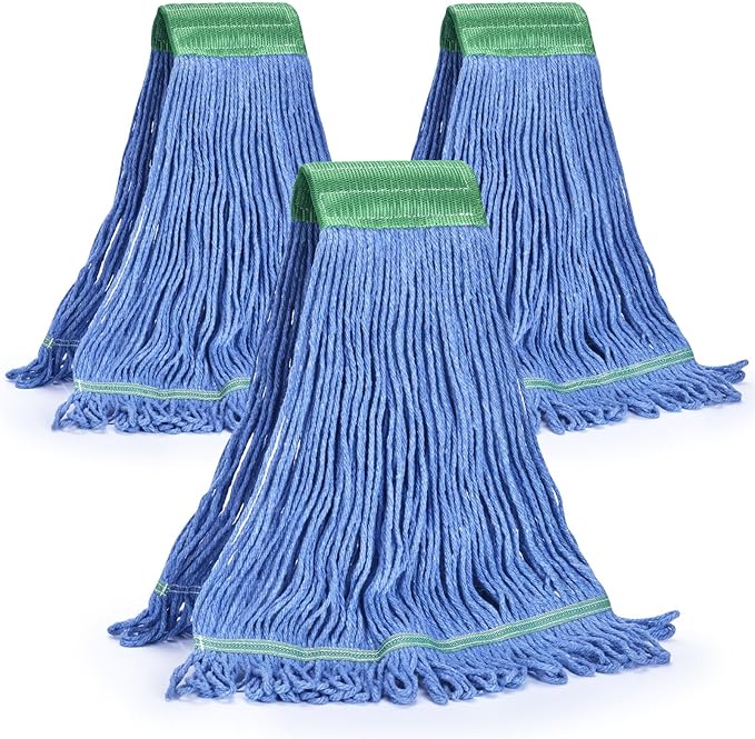 Matthew Cleaning Commercial Mop Head Replacement, 5 Inch Wide Headband, Looped End Cotton Blend String Wet Mops for Floor Cleaning, 18 oz Medium, 3-Pack Blue