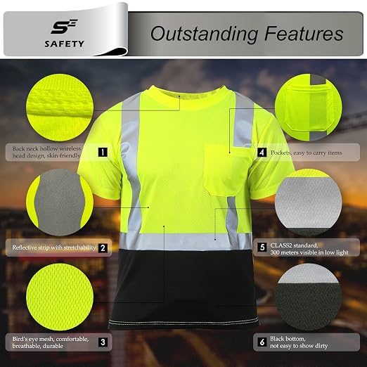 sesafety Hi Visibility Shirts for Men, Safety Shirts with Reflective Strips Class 2, Hi Vis Construction Work Shirt with Pocket Yellow 4XL