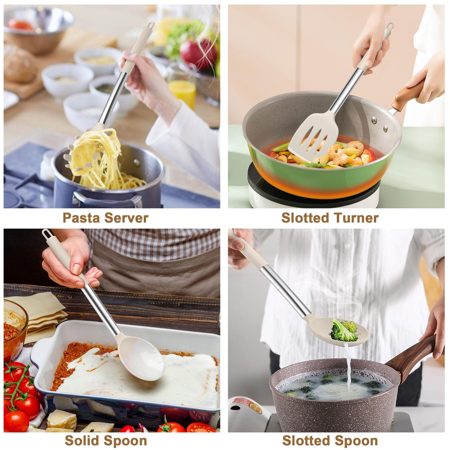 TeamFar Cooking Utensils Set, 5 PCS Silicone Kitchen Utensils with Stainless Steel Handle for Nonstick Cookware Turning Flipping Frying Draining, Heatproof & Healthy, Nonstick & Easy Clean, Khaki