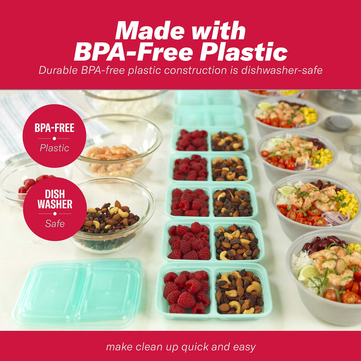 GoodCook Meal Prep Rectangle Snack Containers, 10 Pack, Light Blue, BPA-Free, Reusable 3-Compartment, Portable Snack Box, Microwave & Freezer Safe, with Lids for Portion Control