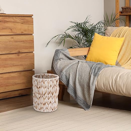 Boho Wicker Trash Can with Lid,Waterproof Bathroom Trash Can Hand Woven Wicker Waste Baskets for Kitchen Office Bedroom