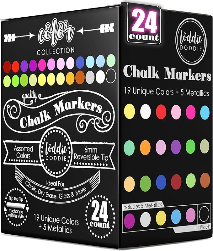Loddie Doddie Liquid Chalk Markers (24-Pack) - Dust-Free Erasable Pens for Windows, Glass, Chalkboard & Blackboard - 6mm Reversible Bullet & Chisel Tip