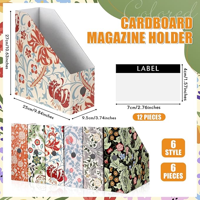 PerKoop 6 Pcs Magazine File Holder Foldable Decorative Cardboard File Folders 6 Patterns Floral Colored Magazine Rack with Printable Sticker Labels for School Office Home Desk (Floral)
