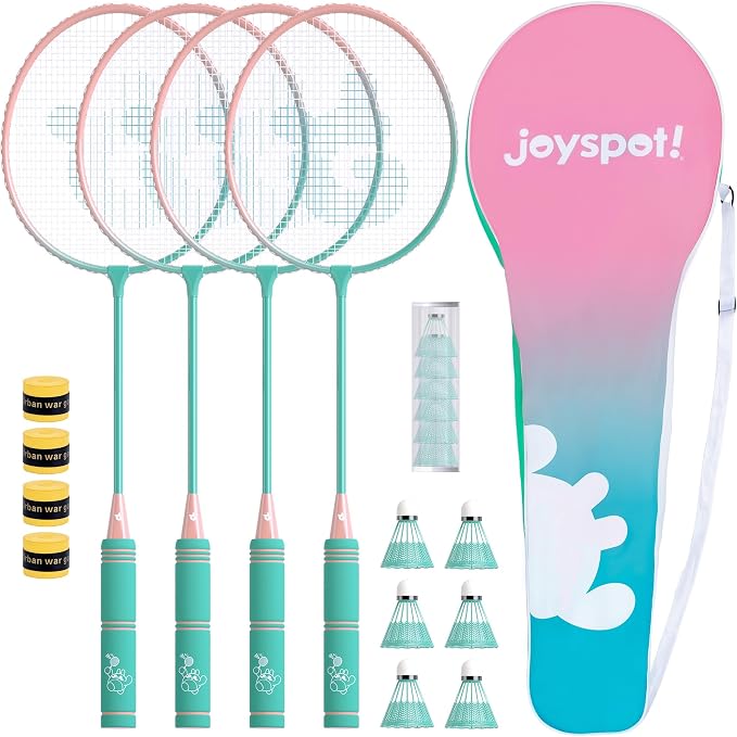 Badminton Rackets Set of 4 for Outdoor Backyard Games,Including 4 Rackets, 6 Nylon Shuttlecocks, 4 Replacement Grip Tapes and 1 Carrying Bag, Lightweight Badminton Racquets for Kids Adults Beginners