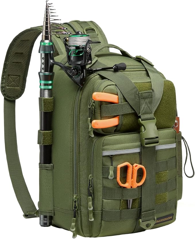 BASSDASH Convertible Fishing Backpack Sling Bag with Rod Holder, Adjustable Tactical Water-Resistant Tackle Storage Pack FP07