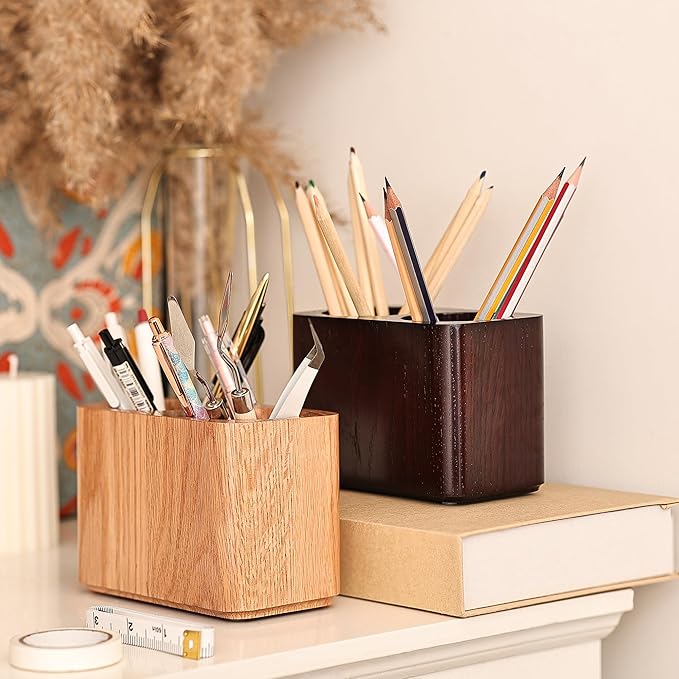 Oak Solid Wood Pen &Pencil Holder for Desk, Office Stationery Organizer, Table Pencil Cup Stand,Desk Accessories Holder, Two Cups Practical Design. (Espresso)