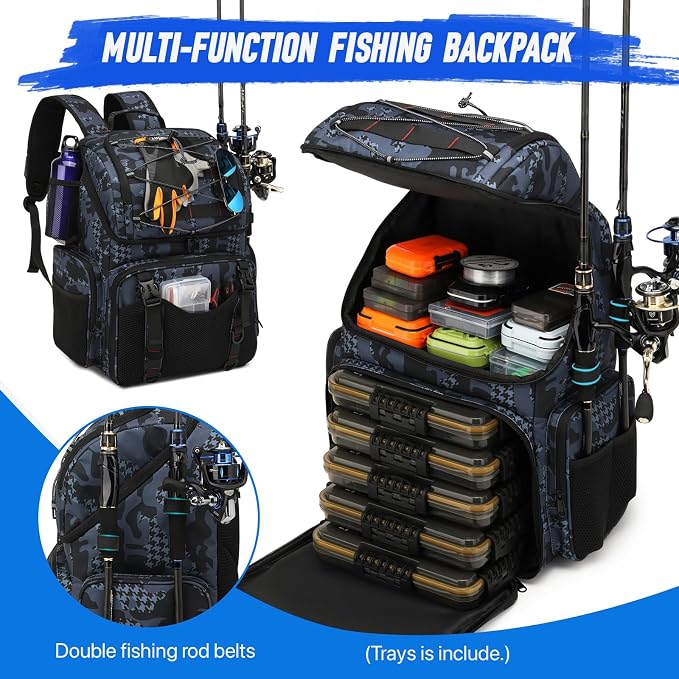 RUCYEN Fishing Backpack, 45L Large Cooler Fishing Tackle bag with Rod Holders & Rain Cover, Water-resistant Store Gear(With 4 Tackle Boxes)