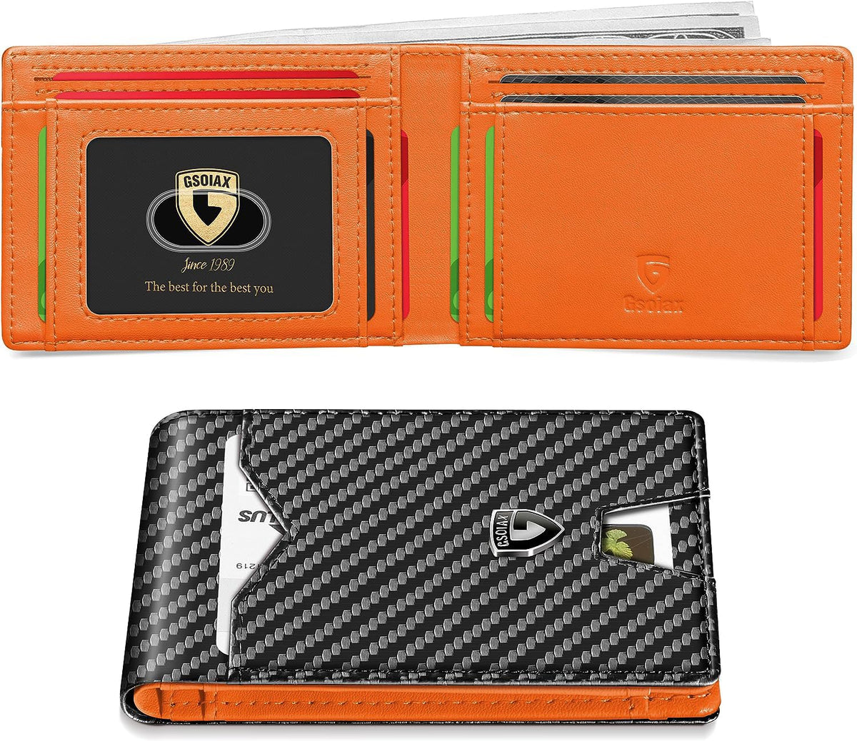 GSOIAX Mens Slim Wallet for Men Minimalist Genuine Leather Carbon Fiber Rfid Blocking Bifold Credit Card Holder With Gift Box (Carbon Black and Orange)