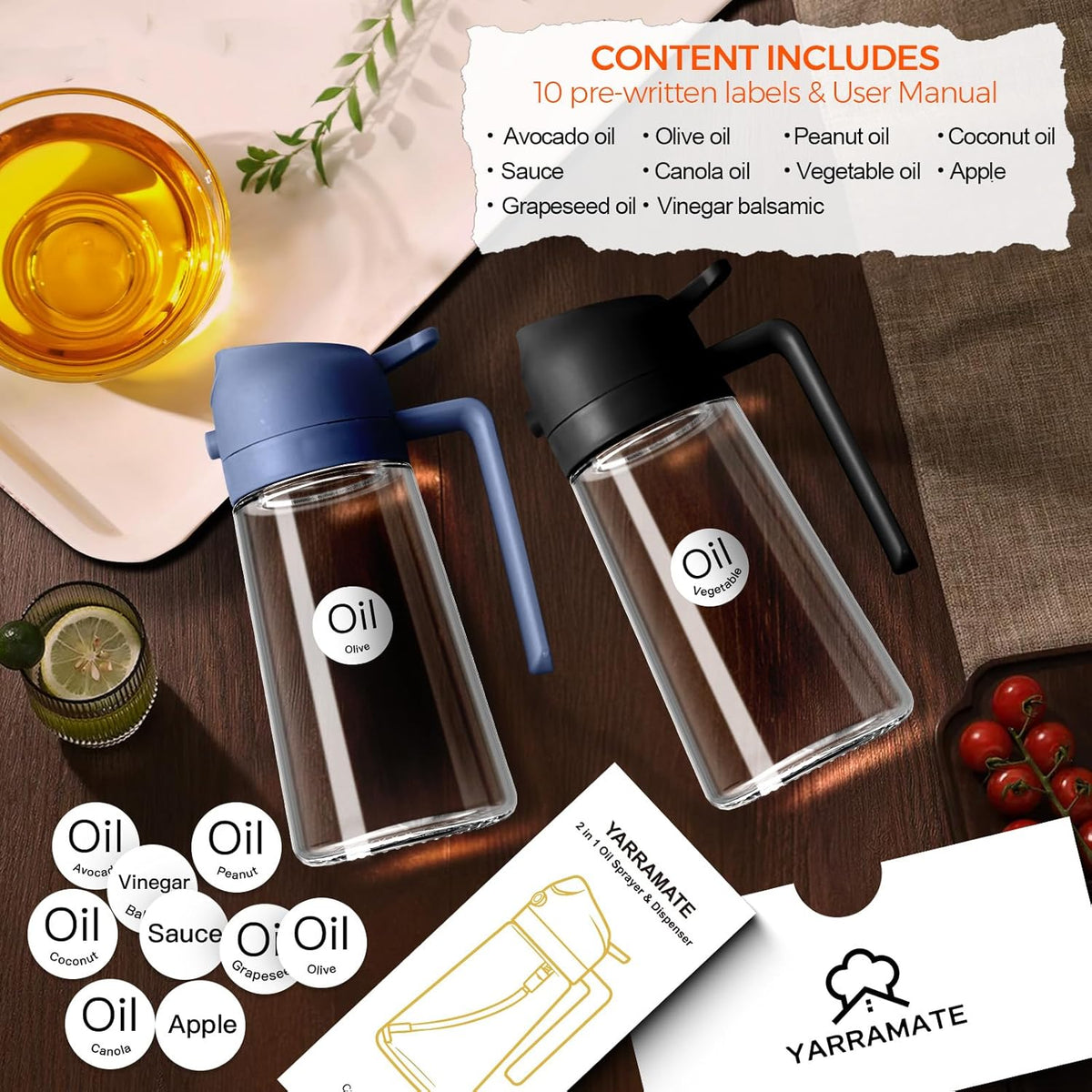 YARRAMATE 2Pcs 16oz/470ml Glass Olive Oil Sprayer for Cooking with Stickers, 2 in 1 Oil Dispenser for Kitchen Gadgets, Food Grade Premium Spray Bottle with Portion Control for Salad, BBQ (Black&Navy)