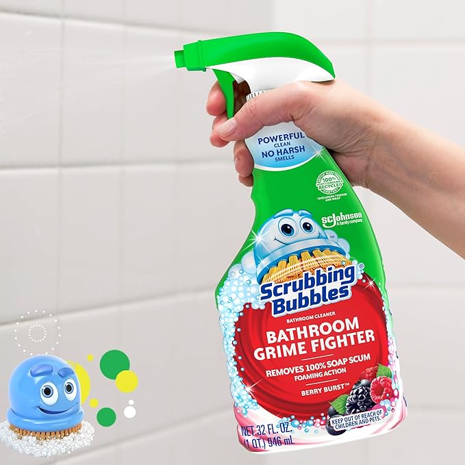Scrubbing Bubbles Bathroom and Shower Cleaner Spray, Foaming Action Bathroom Grime Fighter Removing Soap Scum, Berry Burst Scent, 32oz