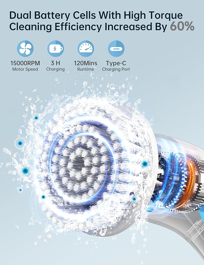 Electric Spin Scrubber with LED Display, IPX7 Waterproof Powerful Shower Scrubber, 2H Runtime, 2 Speeds, Adjustable Handle, 8 Brush Heads, Cleaning Brushes for Household Use Bathtub Tile Car