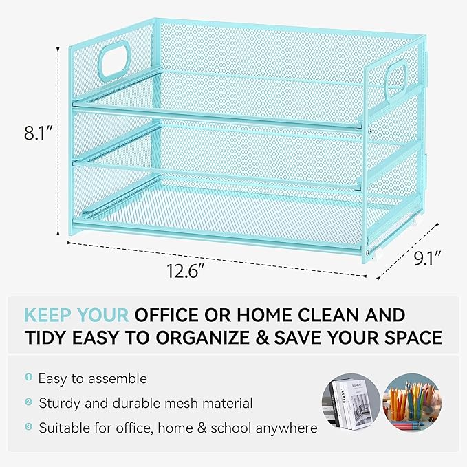 Subekyu 3 Tier Paper Desk Organizer with Handle and 1 PC Slideable Letter Tray, A4 Paper File Folder Sorter Metal Mesh Organizer for Home Office School Desk Supplies Organization Storage, Blue