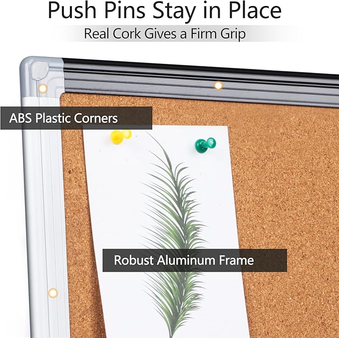 Board2by Cork Board Bulletin Board 24" x 36", Black/Silver Aluminium Framed Corkboard, Office Board for Wall Decor, Large Wall Mounted Notice Pin Board with 18 Push Pins for School, Home & Office
