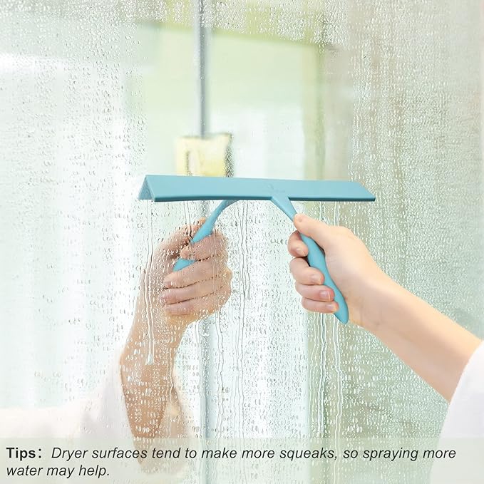 Squeegee for Shower Glass Door, 11-Inch Shower Squeegee for Glass Doors, Bathroom Silicone Squeegees Wiper for Shower with Non-Slip Handle, No-Drilling Silicone Hanging Hook, for Tiles (Blue)