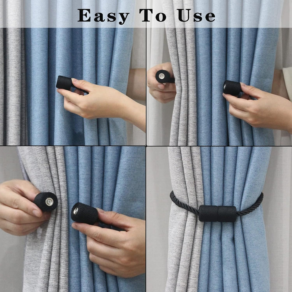 2 Pack Black Strong Magnetic Curtain Tiebacks Outdoor Elegant Decorative Tie Backs Modern Rope Tiebacks for Drapes Window Curtain Holdbacks for Draperies