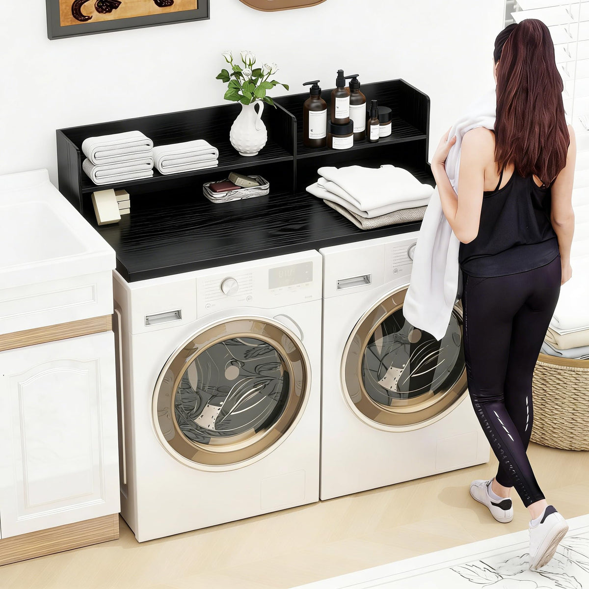 Desility 2 Tier Washer Dryer Countertop with Shelf, 54.7" W X 28.3" D Laundry Countertop with Non-Slip Pad, Wooden Washing Machine Topper for Folding, Sorting & Ironing, Black