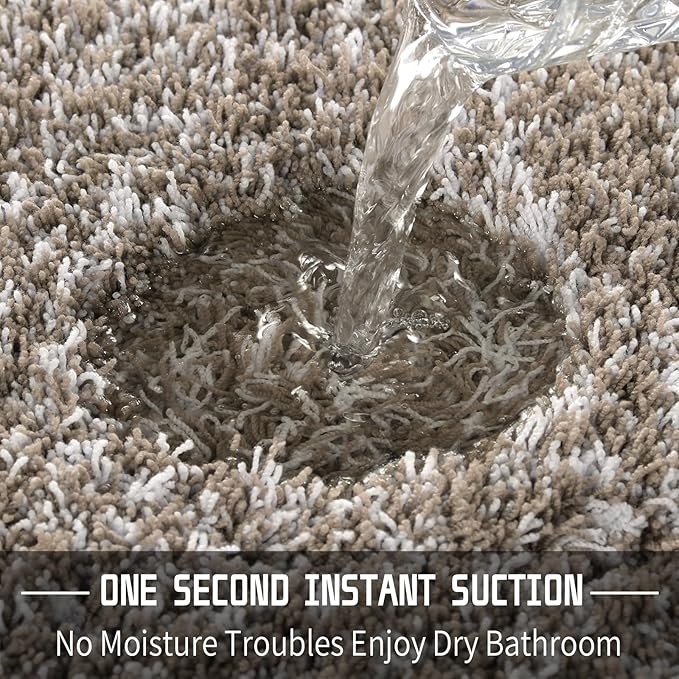 Yimobra Bathroom Rugs Sets 2 Piece, Soft Absorbent Bath Mat and U-Shaped Toilet Rug with Non Slip Backing, Machine Washable, Plush Shaggy Bath Mats for Bathroom, 24"x17"+24"x20", Light Brown and White