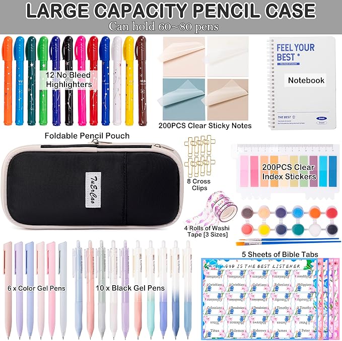 Bible Study Supplies for Women Men - Pencil Pouch Case, 75 Tabs, 12 No Bleed Highlighters, 6 Colored Pens, 10 Black Ink Pens, Washi Tapes & A5 Notebook -Christian Gifts Journaling Kit, Black