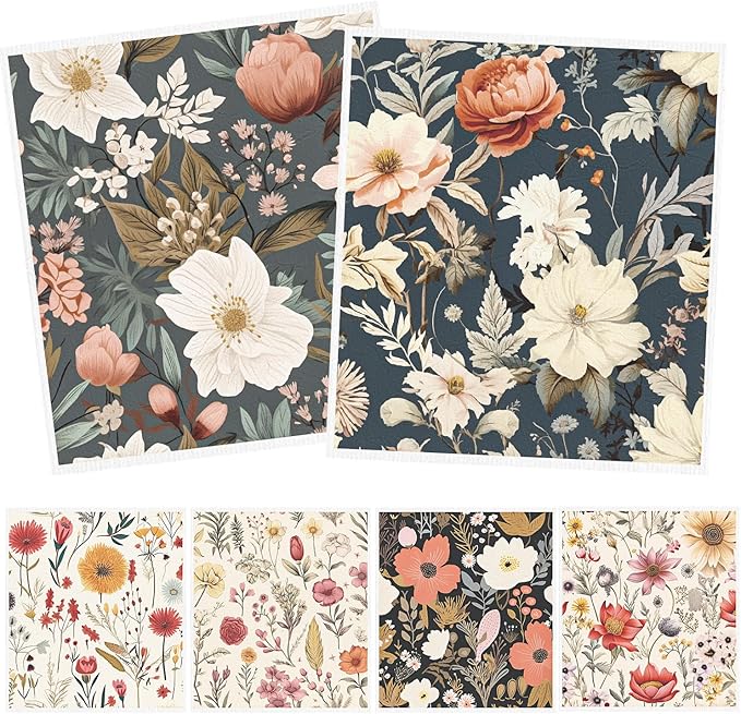 Swedish Dishcloths for Kitchen, 6PCS Vintage Floral Swedish Dish Cloths Gift Set, Flower Reusable Washable Absorbent Dish Towel for Home Cleaning(7.8 X 7 Inches)