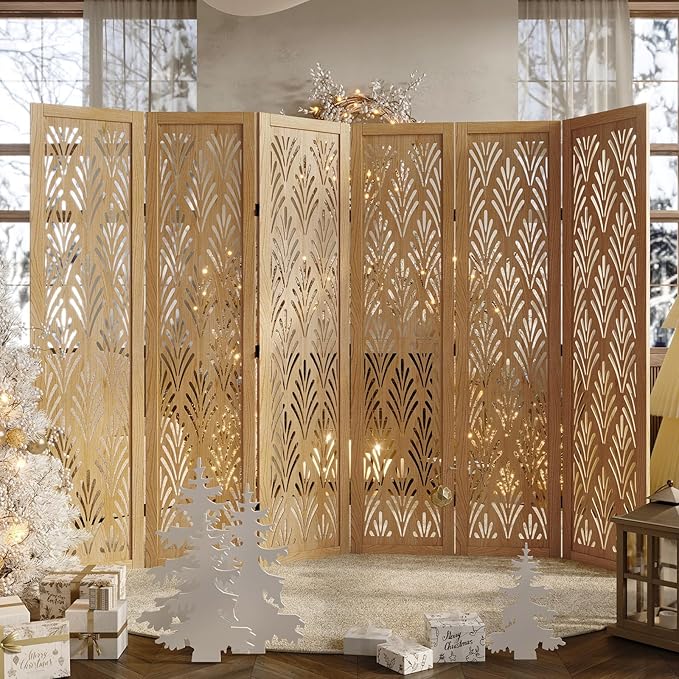 5.6Ft Room Divider Folding Wood Simple Carved Partition Screen for Home Office Garden - 6 Panels (Natural)