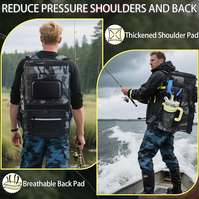 Fishing Backpack with Rod Holder, Large 50L Tackle Bag Water Resistant Tackle Backpack Heavy Duty Fishing Bag Gift for Men Woman