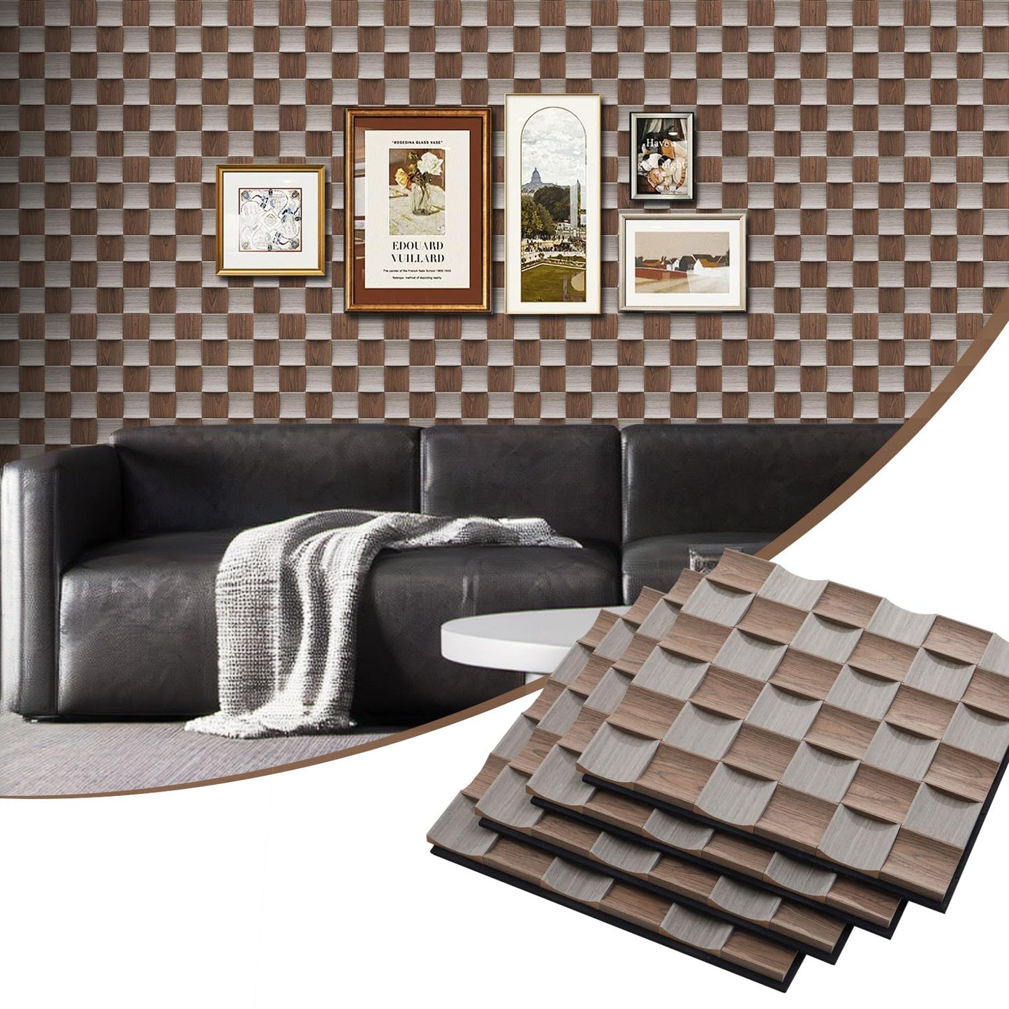 TREKATL AUTO 4 Pcs Acoustic Wood Slat Panels, Fluted Wood Panel Sound Absorbing Panel for Bedroom, Office, Interior Decor, 23.6"x23.6"(15.5ft²), Black Walnut Wood+Silver Oak (3D Concave Convex)