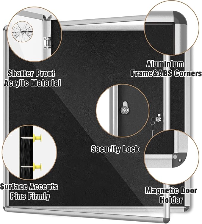 38"x38" Enclosed Bulletin Board, Lockable Weather-Resistant Aluminum Cork Noticeboard for School & Office, Silver Frame w/Black Flet