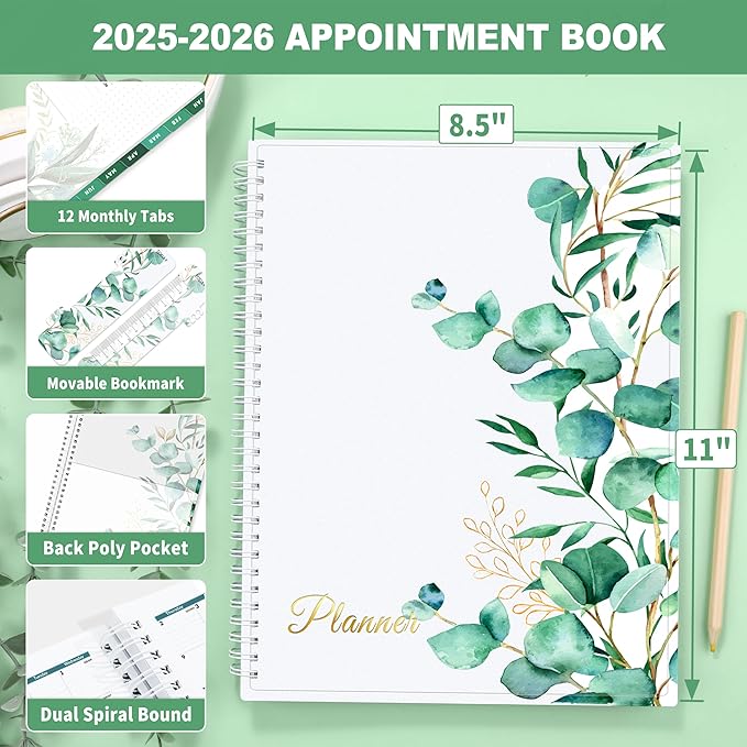 SUNEE 2025-2026 Appointment Book, Quarter-Hourly, Weekly & Monthly - from July 2025 to June 2026, 8.5"x11" Academic Planner, Flexible Cover, Note Pages, Bookmark, Spiral Binding, Leaves