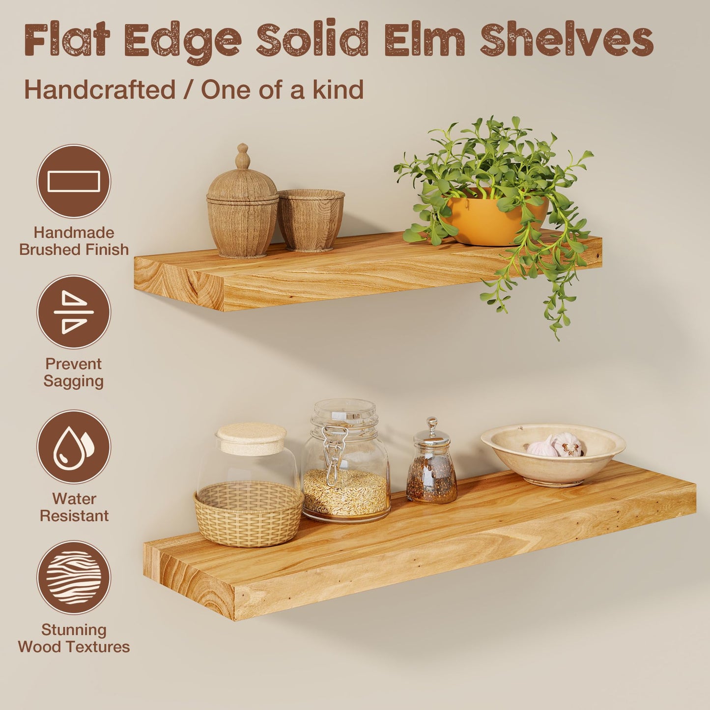 fuqing Floating Shelves for Wall, 30 inch Rustic Solid Elm Wood Floating Shelves, Wooden Wall Shelves with Invisible Heavy Duty Brackets for Living Room, Bedroom, Kitchen, Bathroom, 2 Pack, Natural